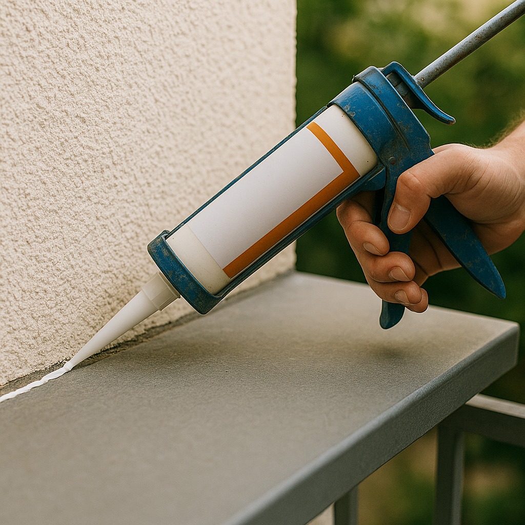 A hand holding a caulk gun and applying sealant to a gap where a wall meets a horizontal surface (likely a ledge or railing).