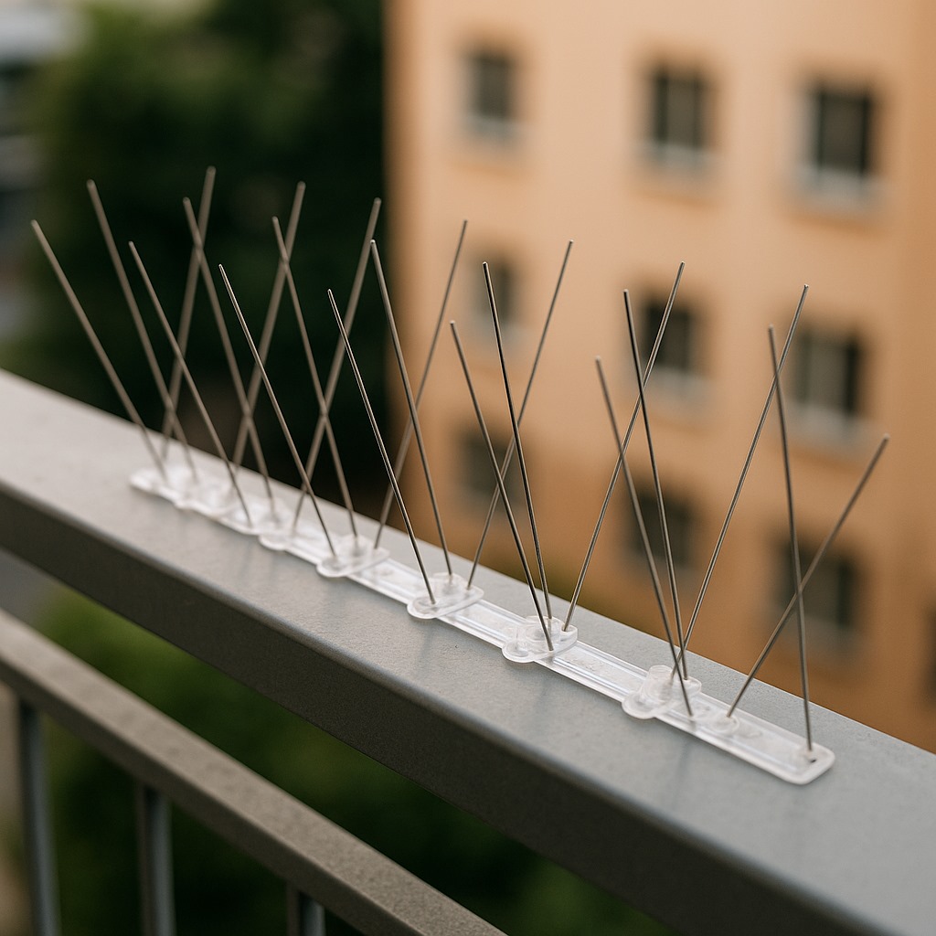 A close-up of humane bird spikes installed on a balcony railing.