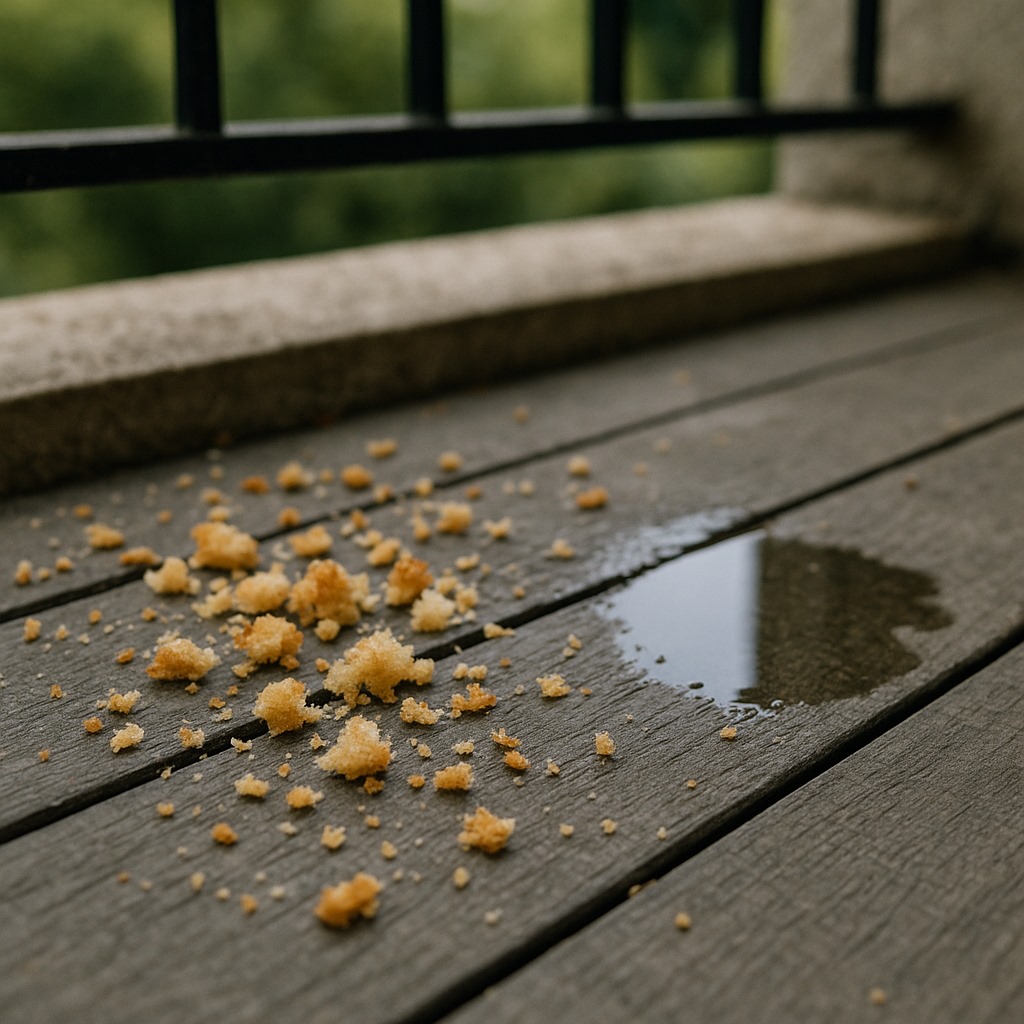Food crumbs and a small puddle of water on a wooden deck surface, with a balcony railing in the blurred background.