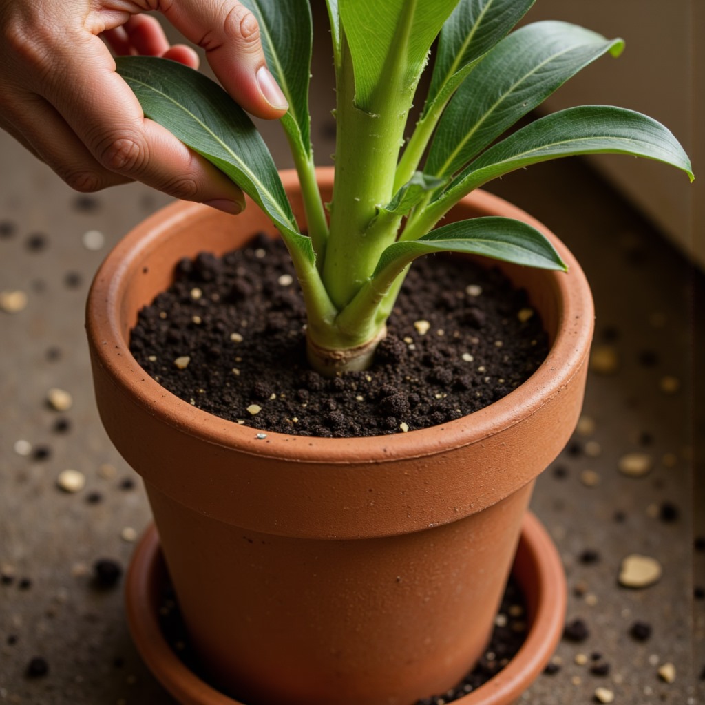 A hand gently touching the leaves of a green plant in a terracotta pot filled with soil.