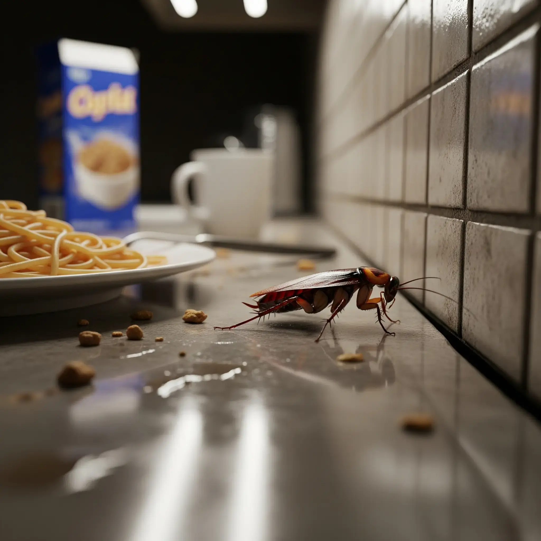A cockroach in a kitchen, a common household pest.