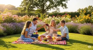 A happy family enjoys a pest-free summer picnic in a beautiful, sunny garden. pest control before moving in