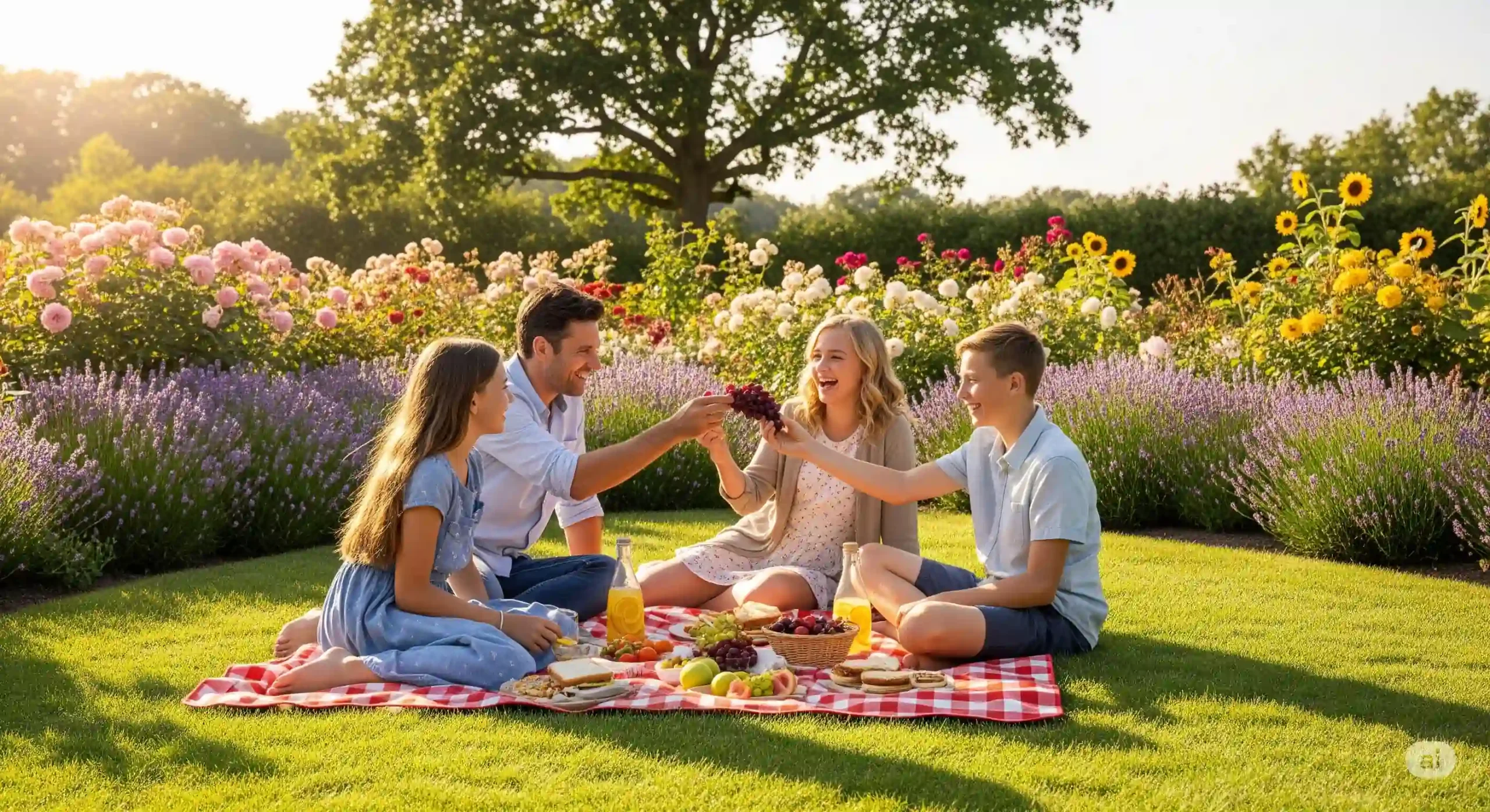 A happy family enjoys a pest-free summer picnic in a beautiful, sunny garden. pest control before moving in