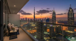 A clean, pest-free balcony with modern furniture overlooking the Dubai skyline at sunset, showcasing an ideal outdoor space.