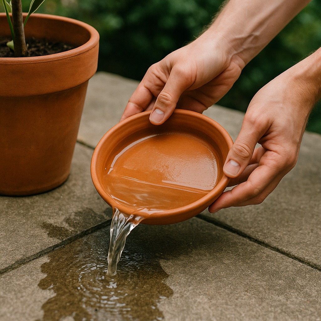 Hands emptying water from a terracotta plant pot saucer onto a paved surface.