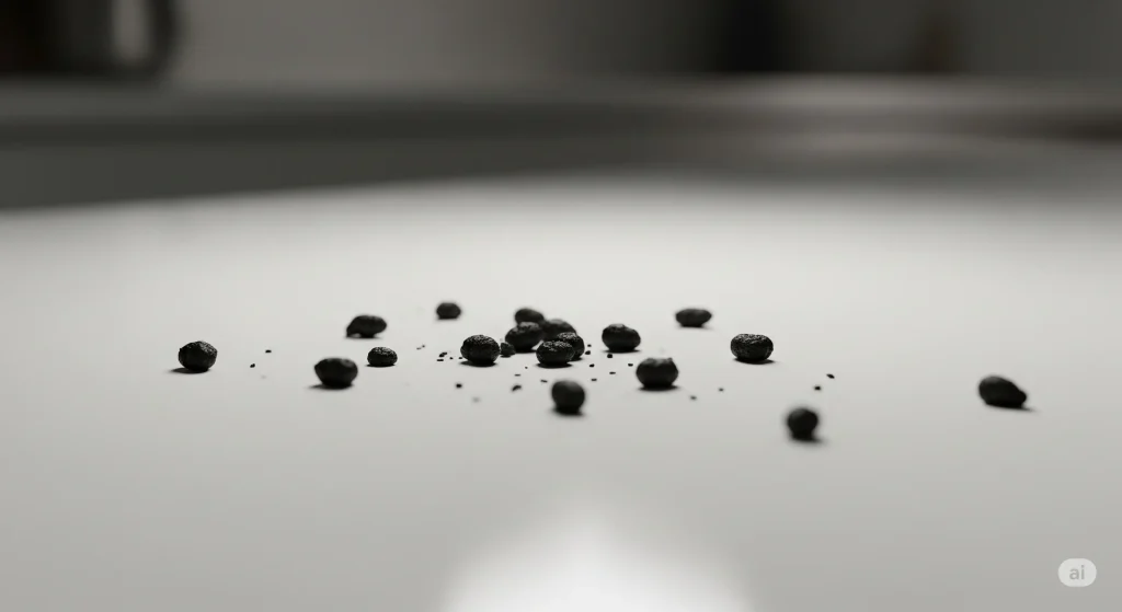 A cinematic photograph showing tiny, pellet-shaped droppings left by pests on a smooth surface.