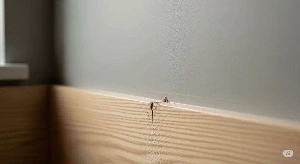 A chew mark on the corner of a light-colored wooden baseboard.