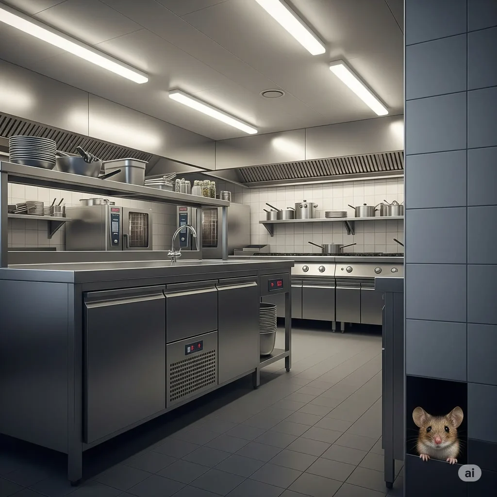A clean, professional kitchen with stainless steel counters and equipment. In the bottom right corner, a small mouse is peeking out of a hole near the floor.