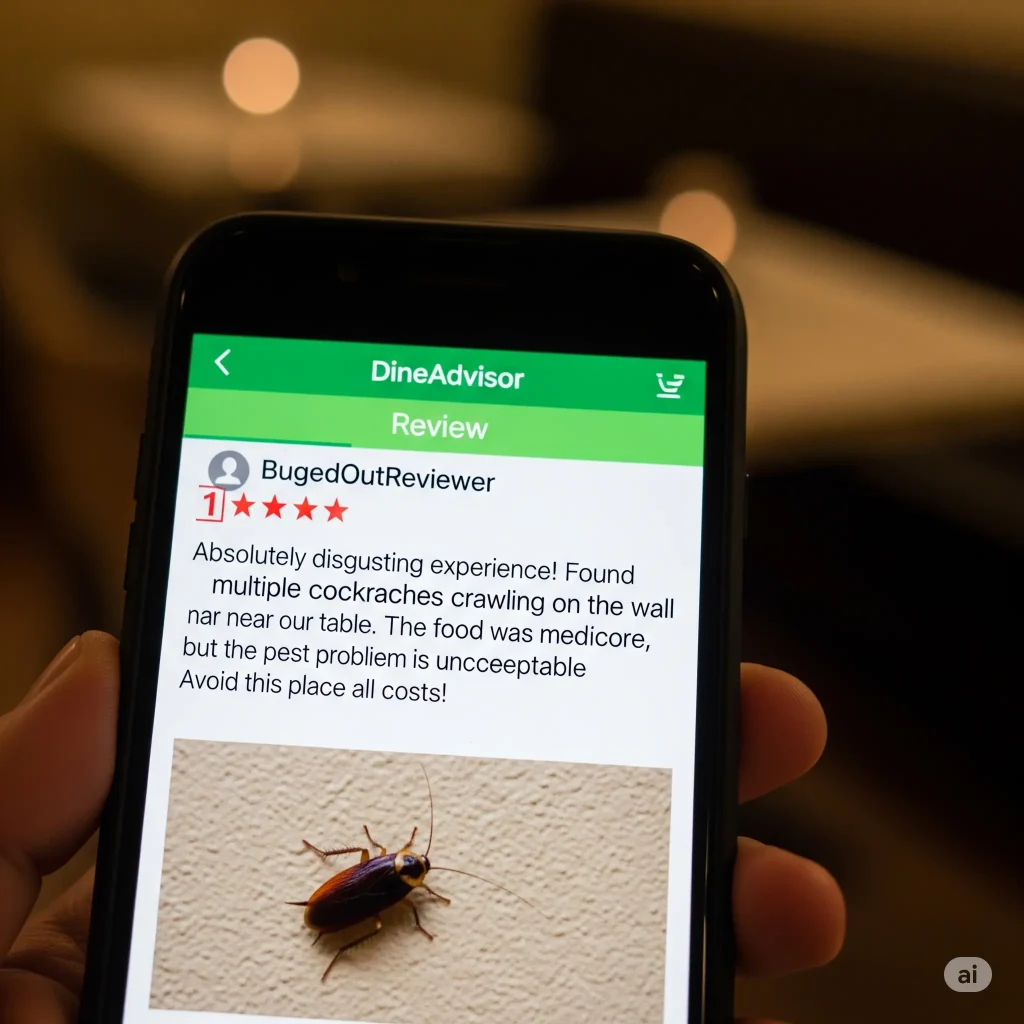 A close-up of a smartphone screen displaying a negative online review for a restaurant. The review is a 1-star rating from "BuggedOutReviewer" and mentions finding cockroaches. Below the text is a small, blurry photo of a cockroach on a wall.