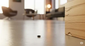A close-up shot of a single rodent dropping and a chew mark on a wooden baseboard.