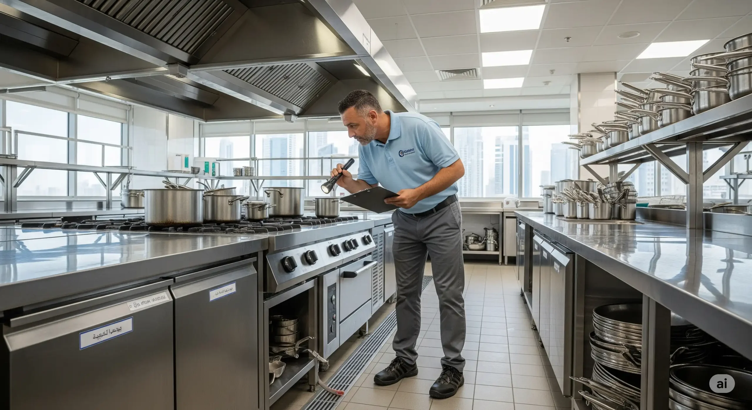 A professional pest control technician in a light-blue uniform inspecting a commercial kitchen in the UAE with a flashlight and clipboard. The modern kitchen has stainless steel counters and a cityscape is visible through the window.