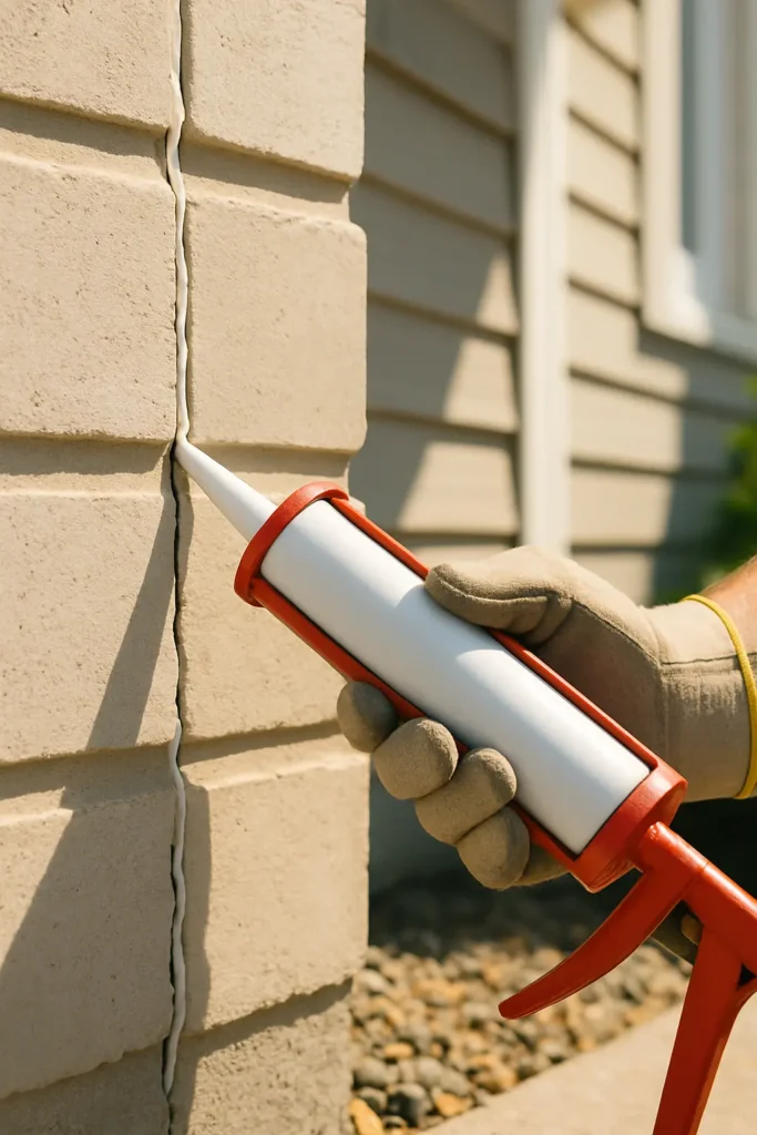 A close-up, realistic photo of a hand wearing a work glove, actively applying caulk to seal a narrow crack in a light-colored concrete or brick foundation of a house. The caulk gun should be visible. In the background, subtly blurred, show a section of a home exterior. The lighting should be bright and clear, emphasizing the detail of the sealing process