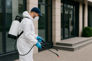 Pest control technician performing commercial exterior treatment in Dubai