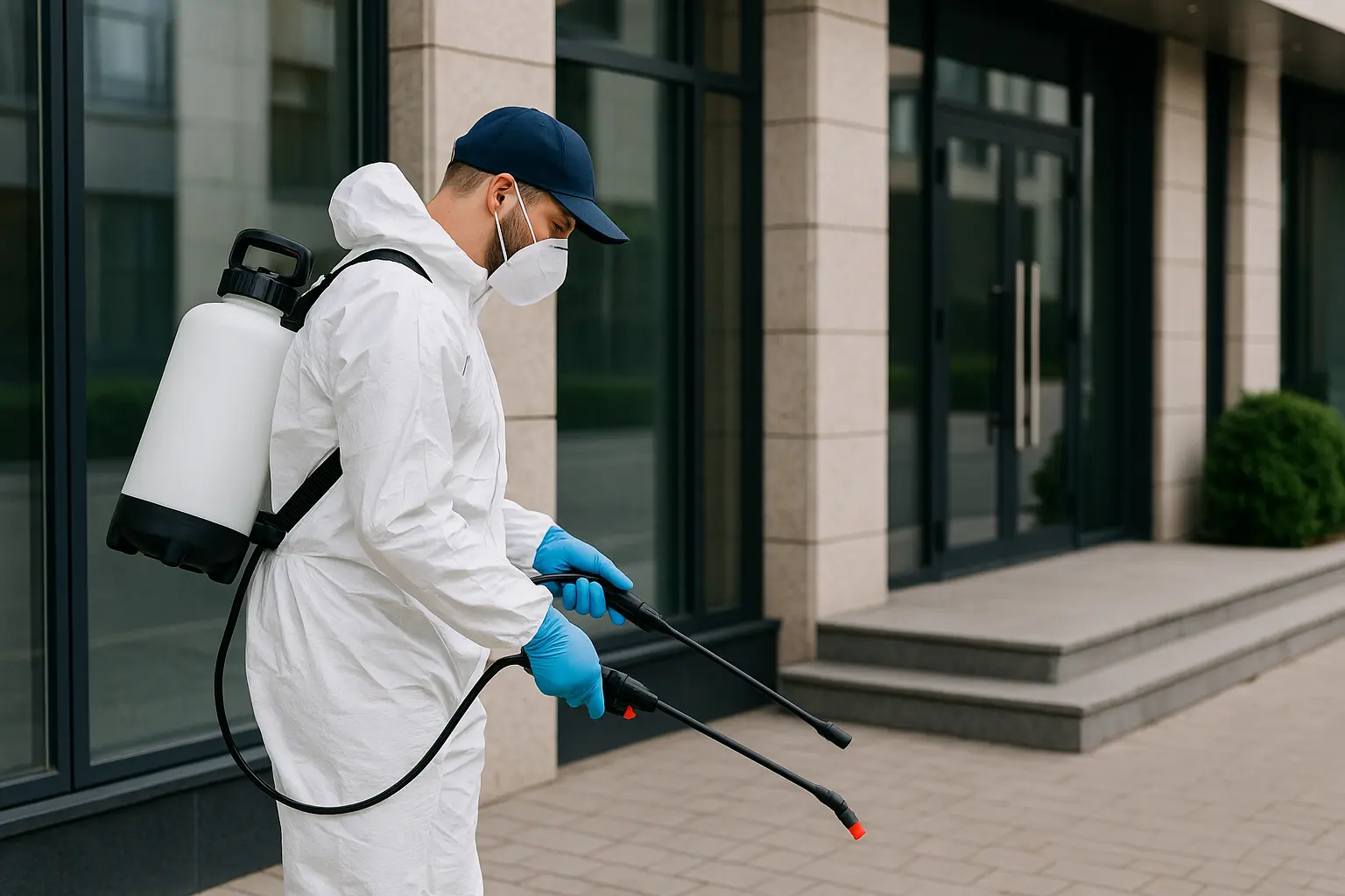 Pest control technician performing commercial exterior treatment in Dubai