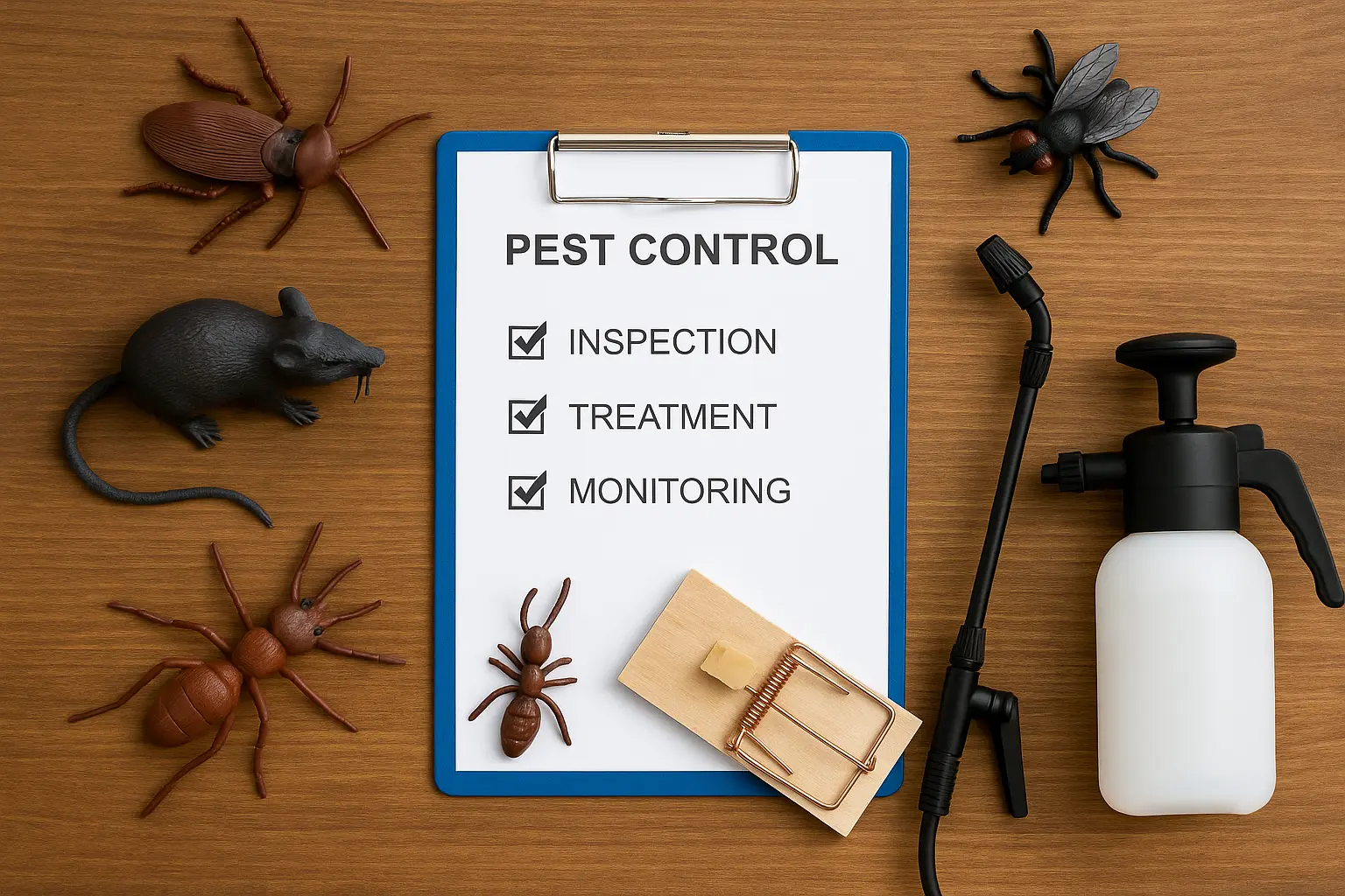 Pest control inspection tools on a wooden table with checklist, sprayer, and pest models