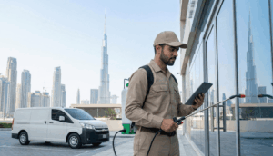 "Dubai Municipality approved pest control technician treating a commercial building with Burj Khalifa in the background."