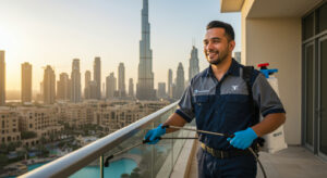 Professional pest control technician in uniform standing on a balcony with the Burj Khalifa background, representing the top 10 pest control companies in Dubai 2025.
