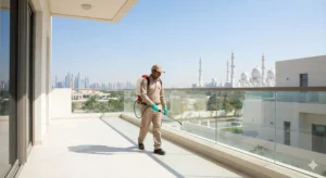 A professional pest control technician spraying a residential balcony in Abu Dhabi with the city skyline and mosque in the background
