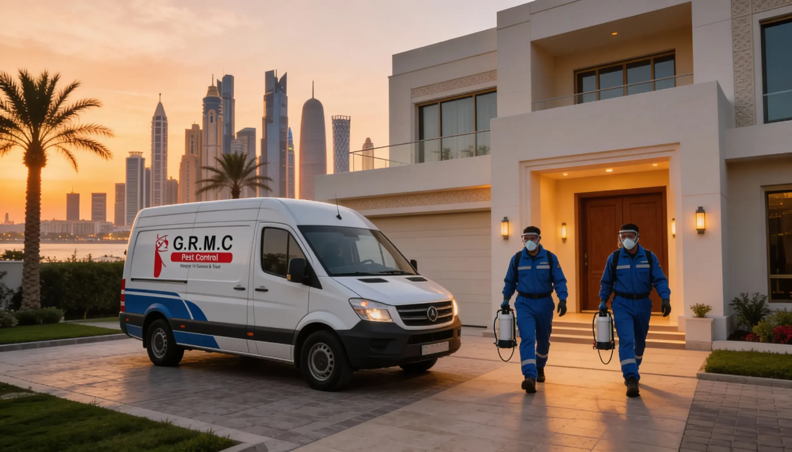 Emergency pest control services in Abu Dhabi: Professional technicians arriving at a residential villa for treatment. Commercial photography showing a service vehicle and expert team with the Abu Dhabi skyline in the background.