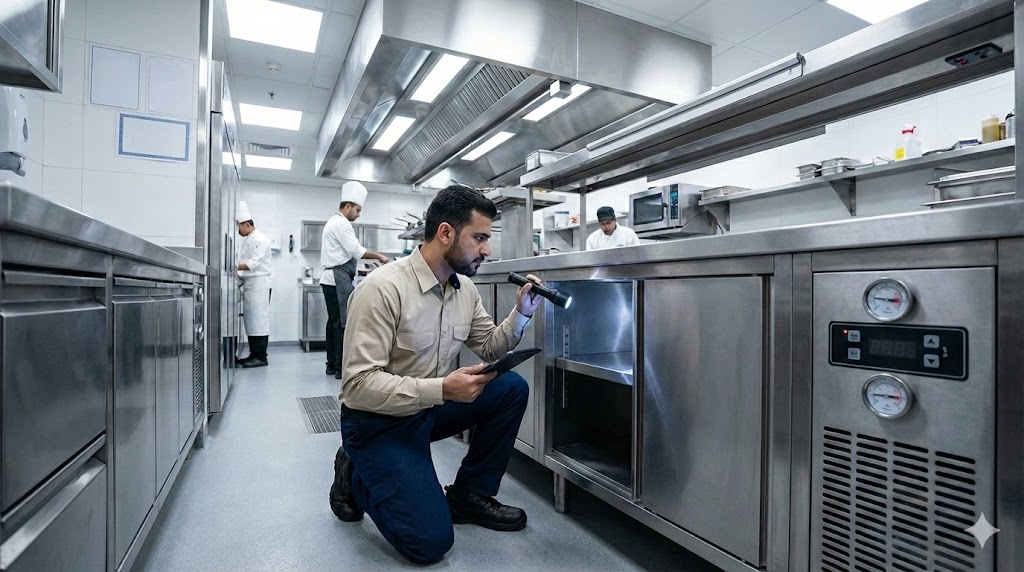 Professional commercial pest control technician inspecting a restaurant kitchen in Abu Dhabi