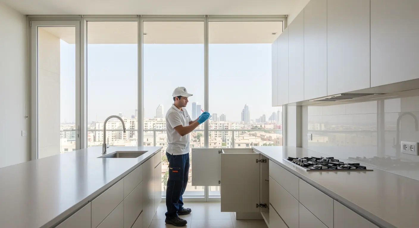 Professional technician performing move-in pest control in an empty Dubai apartment