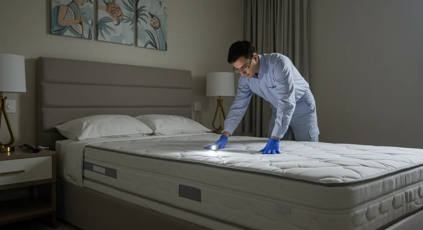 Professional pest control technician inspecting a mattress for bed bugs in a Dubai apartment