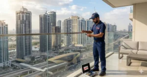 Professional technician installing invisible pigeon netting on a Dubai balcony