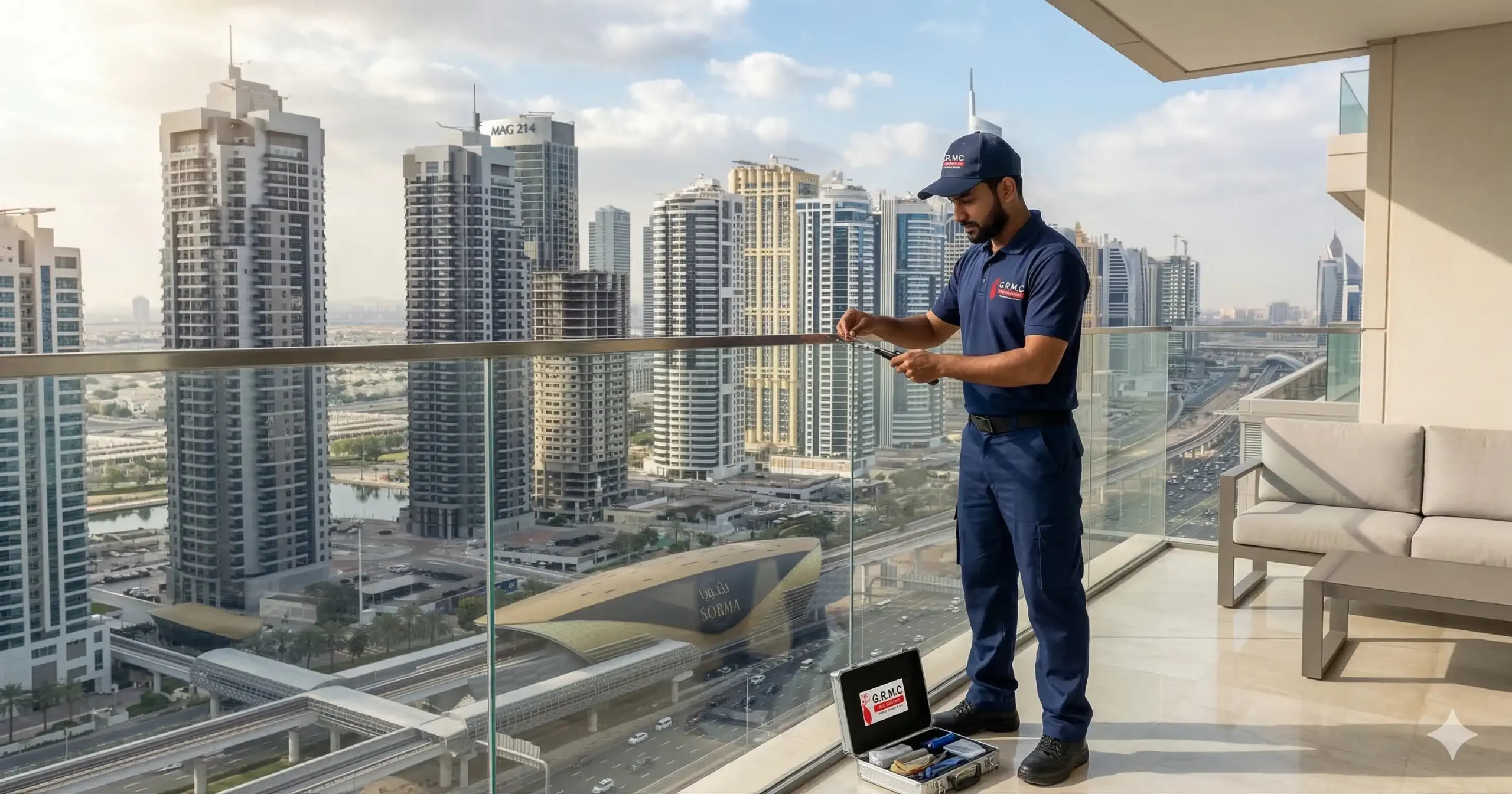 Professional technician installing invisible pigeon netting on a Dubai balcony