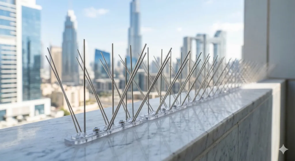 Stainless steel anti-bird spikes installed on a clean balcony ledge in Dubai