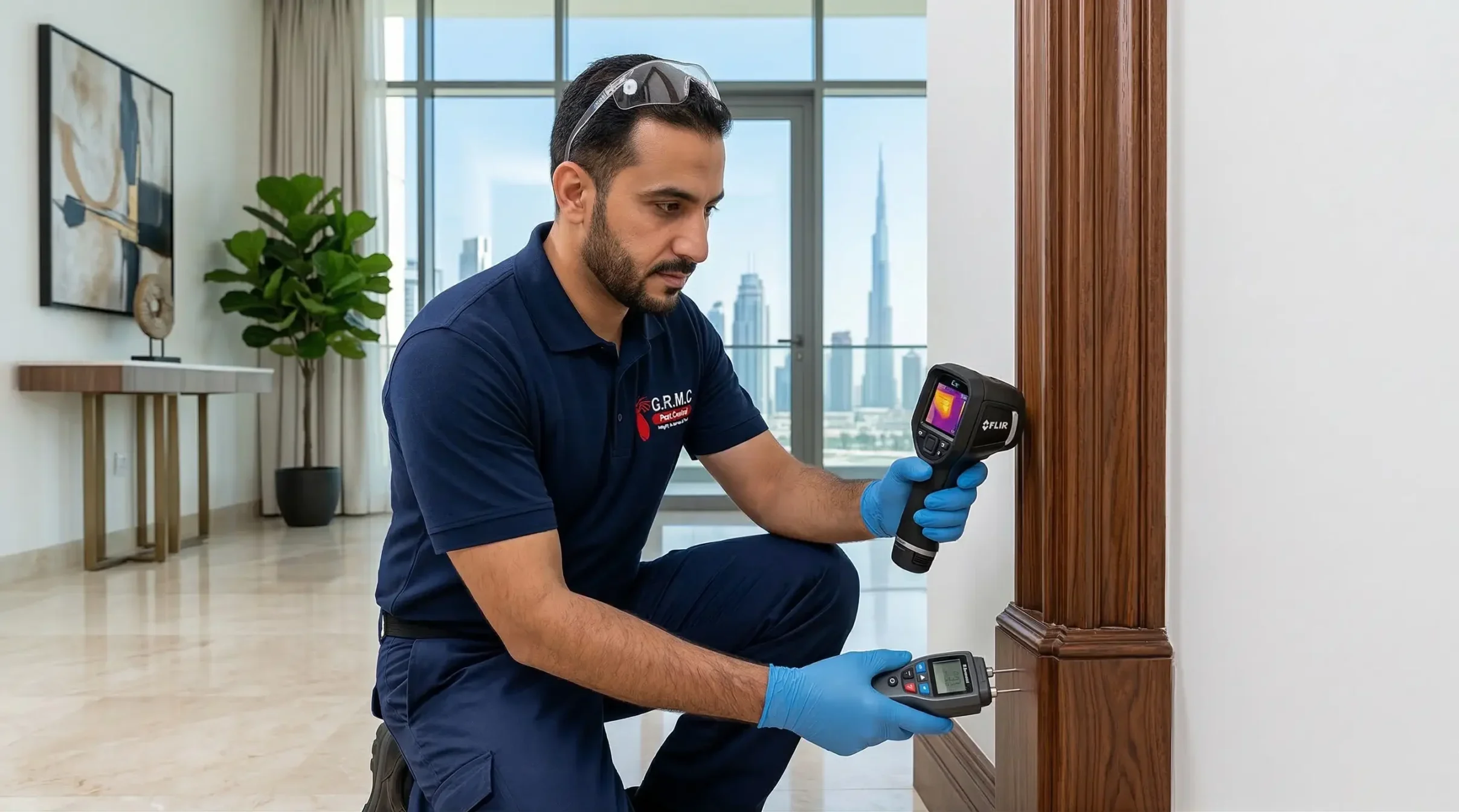 Professional termite inspection in a luxury Dubai villa