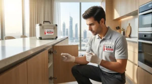 Professional pest control technician applying ant gel bait in a Dubai kitchen cabinet