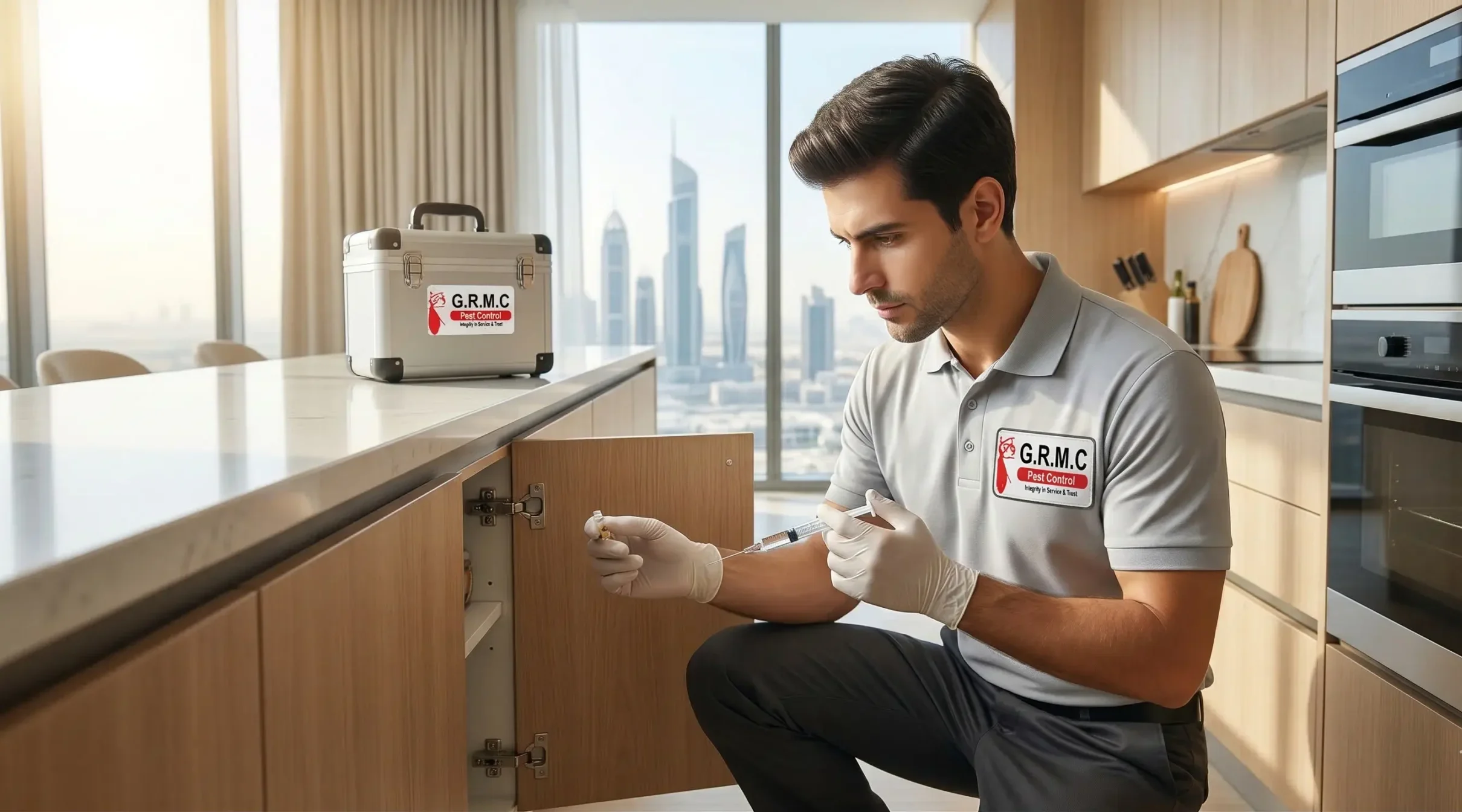 Professional pest control technician applying ant gel bait in a Dubai kitchen cabinet