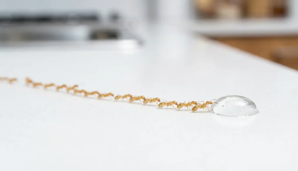 Tiny Pharaoh ants feeding on professional gel bait on a clean kitchen counter