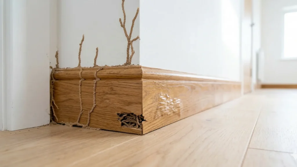 Signs of termite mud tubes and wood damage on a skirting board