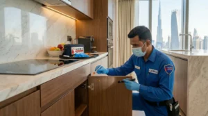 Professional applying cockroach gel bait in a clean kitchen cabinet