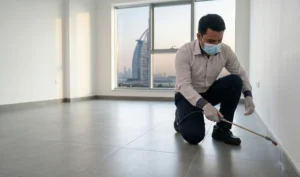 Technician performing move in pest control in a new Dubai apartment