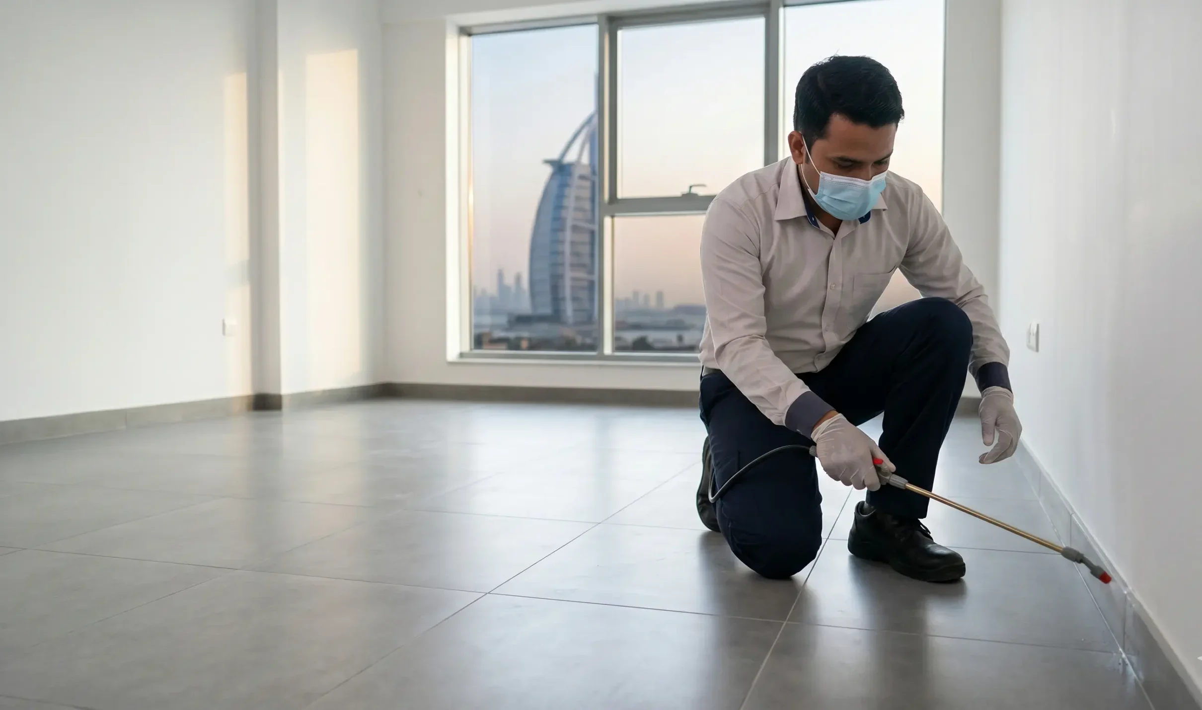 Technician performing move in pest control in a new Dubai apartment