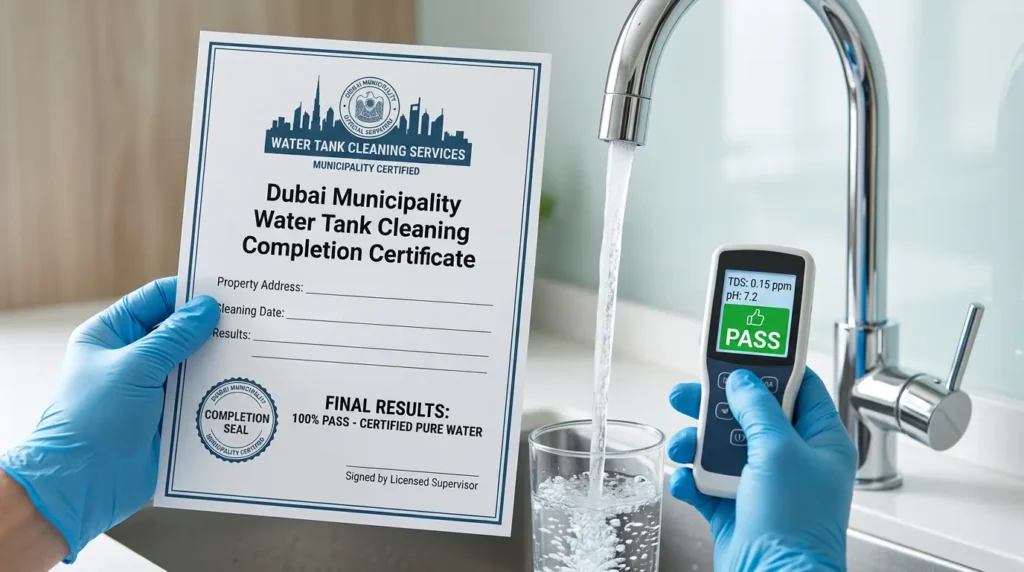 Dubai municipality approved water tank cleaning certificate and documentation