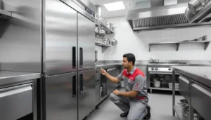 Professional technician applying food-safe pest control gel in a Dubai commercial kitchen