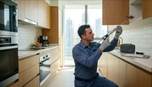 A technician applying cockroach gel bait vs spray treatment in a modern Dubai kitchen