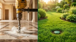 Comparison between a discrete termite baiting station in a garden and drilling for liquid treatment.