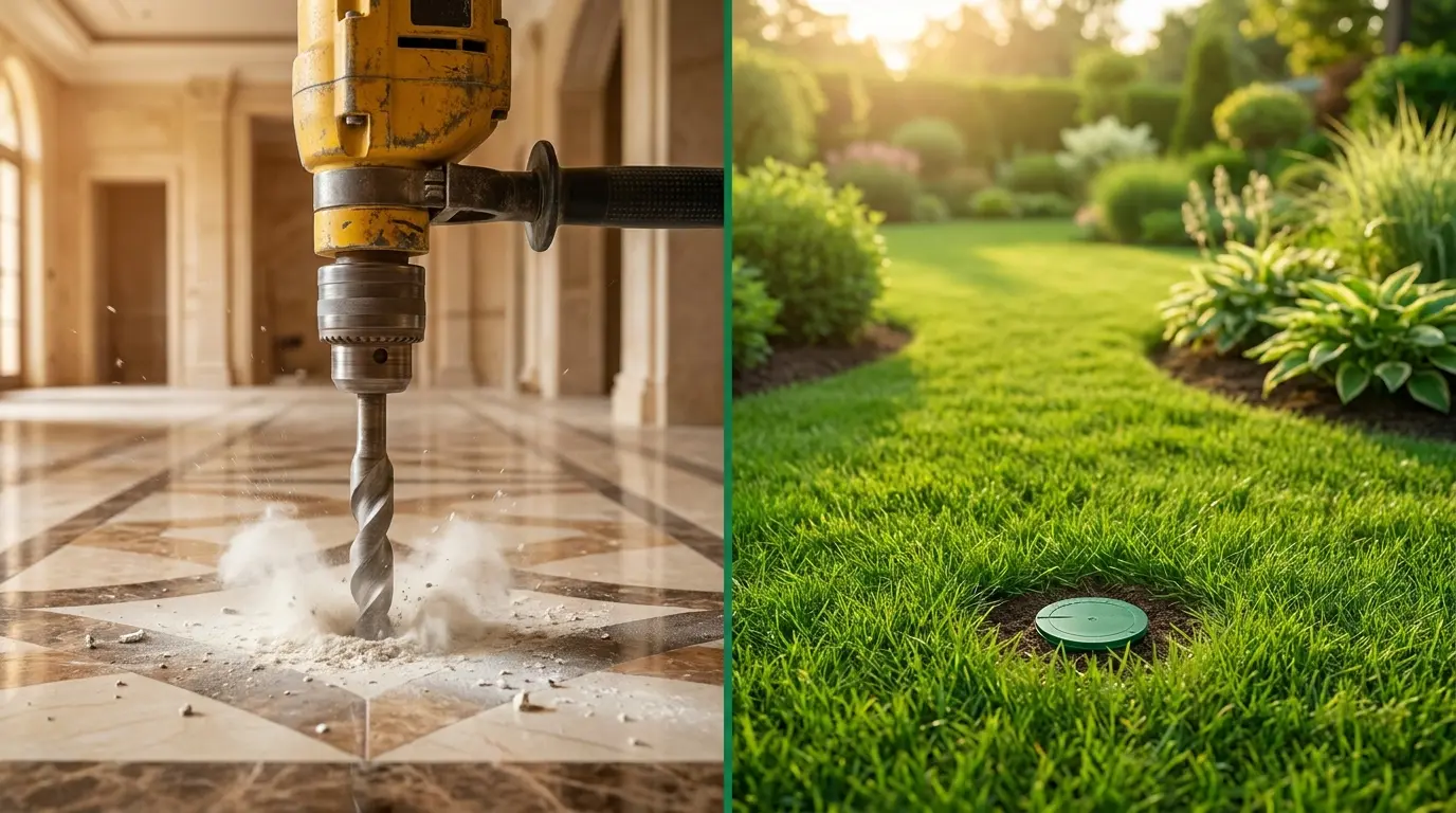 Comparison between a discrete termite baiting station in a garden and drilling for liquid treatment.