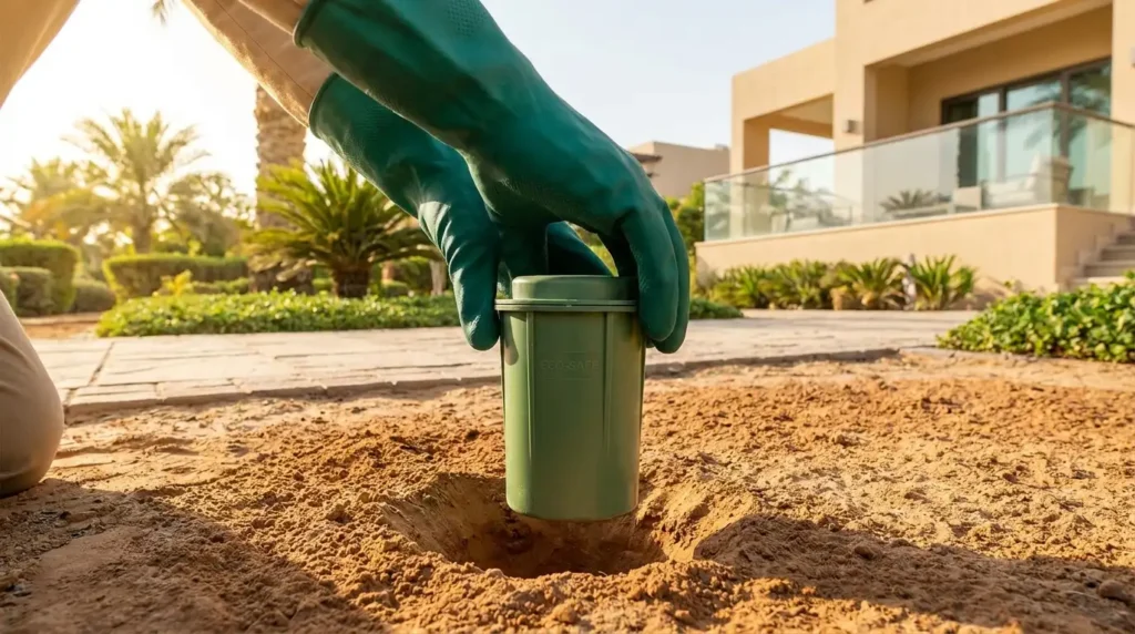 termite baiting system vs liquid treatment installation in a Dubai garden