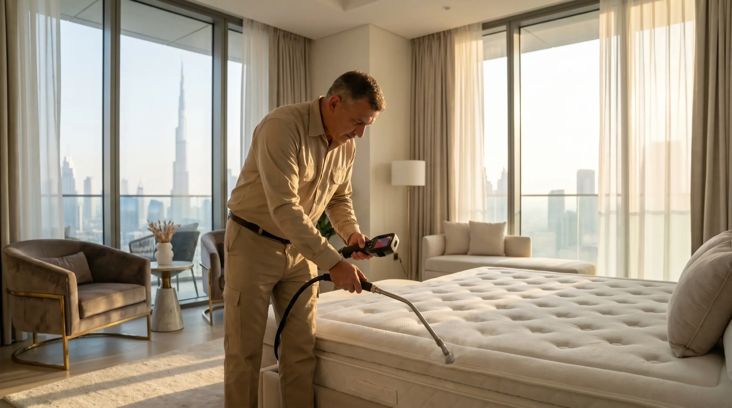 A guest inspecting a mattress for bed bugs in Dubai hotel room