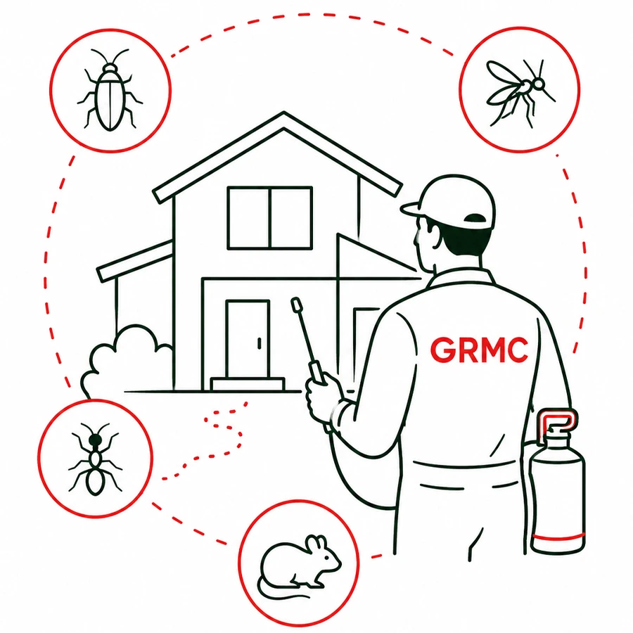 Illustration of an Expert heading to a home to fight pests